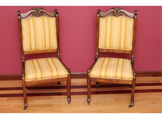 Pair Of Vintage Striped Fabric Chairs On Wheels 19 1/2 X 17 X 38