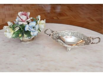 Small Silver Colored Candy Dish With Capodimonte Porcelain Flower Arrangement