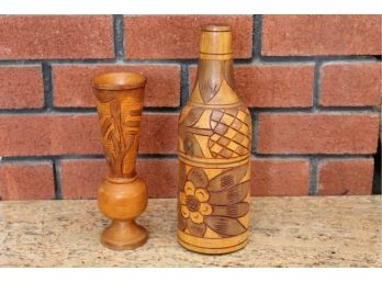 Pair Of Hand Carved Wooden Bottle Vases