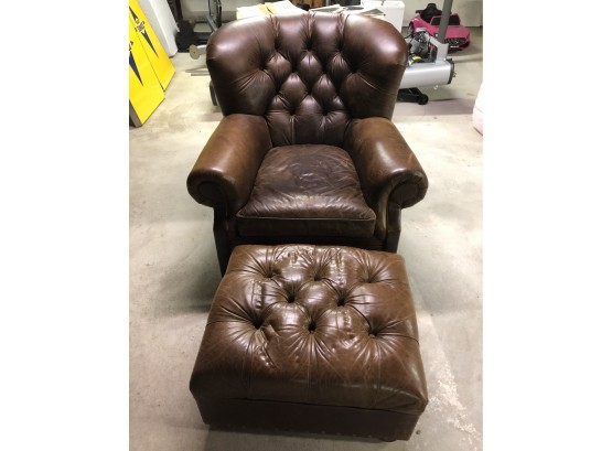 Restoration Hardware Brown Leather Tufted Armchair & Ottoman