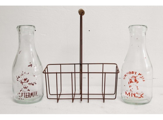 Vintage Pair Of Butter Milk Bottles With Carry Stand