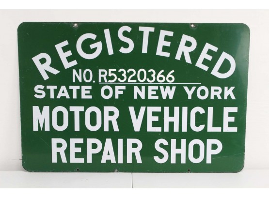 Vintage Registered State Of NY Motor Vehicle Repair Shop Sign 36 X 24
