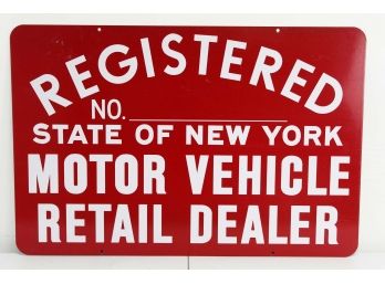 Vintage Registered State Of NY Motor Vehicle Retail Dealer Sign 36 X 24