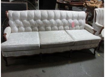 Cream Damask Sofa With Tufted Back And Fruit Wood Frame