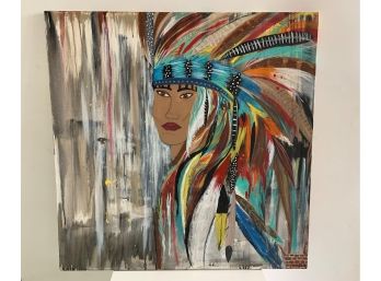 Signed Painting On Canvas-Indian Head Dress