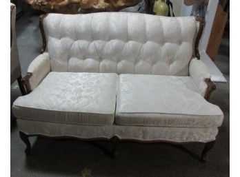 Cream Damask Loveseat With Fruitwood Frame