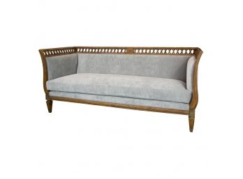Grey Velvet Sofa With High Back & Carved Fruitwood Frame