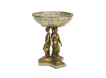 Greek Mythology (3) Graces DECORATIVE BOWL-Porcelain Yellow & Gold Detail With Brass Pedestal