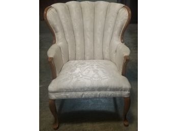Cream Damask Arm Chair With Channel Back & Fruitwood Frame