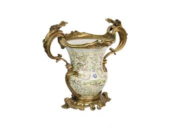Baroque Inspired Porcelain Urn With Brass Bass & Handles