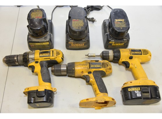Three Dewalt Drills And Chargers
