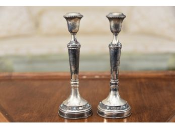 Pair Of Antique Sterling Silver Candlesticks With Blue Turquoise Like Stones 108g