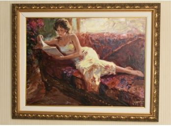 Vladimir Volegov 'The Red Couch' Hand Embellished Giclee On Canvas  Framed 48.5 X 38