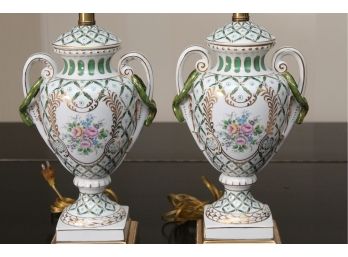 Pair Of Porcelain Painted Table Lamps With Silk Shades