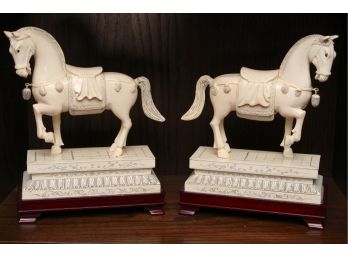 Asian War Horse Carved Resin Sculptures On Mahogany Bases