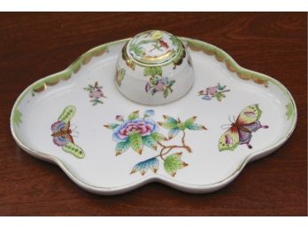 Herend Porcelain Scalloped Tray With Inkwell