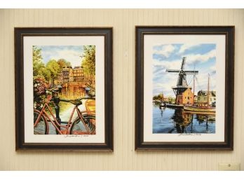 Pair Of Signed Amsterdam Prints Mounted And Framed 12 X 15.5