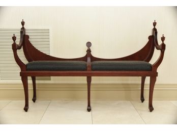 Victorian Mahogany Hall Bench With Curved Back And Finial Accents