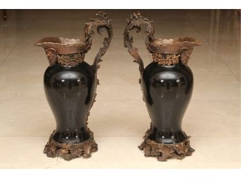 Antique 19th Century Green Man Face Matching Pair Of  Ornate And Detailed Black And Brass Pitchers