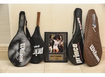 Jimmy Conners Signed Photo With Collection Of Tennis Raquets