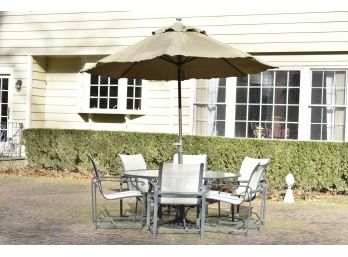 Brown Jordan Outdoor Table, 6 Arm Chairs And Umbrella