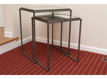 Set Of Two Crate And Barrel Solid Metal Nesting Tables With Mirrored Tops