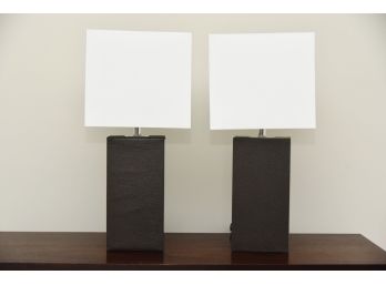 Matching Pair Of Brown Leather Base Table Lamps