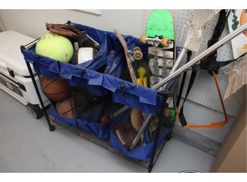 Assortment Of Sports Equipment Including Storage Container 35 X 18 X 32