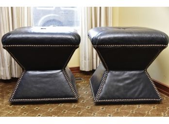 Matching Pair Of Soft Black Leather Nailhead Ottomans 19 X 19 X 20