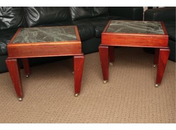 Pair Of Cherry Wood And Green Marble Top End Tables On Wheels 22 X 22 X 19.5