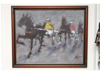 Vintage Harness Racing Oil On Canvas Signed Maleter 33 X 27.5