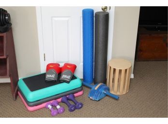 Home Gym Exercise Lot Including Dumbbells, Custom Yoga Roller, Step-Up Platform, Ab Roller