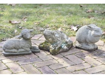 Cement Animal Garden Sculptures Including Frog, Lamb And  Bunny