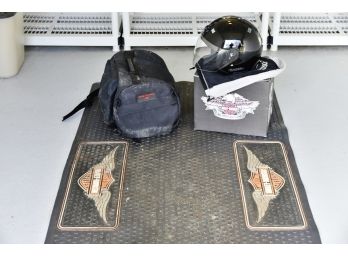 Harley Davidson Helmet, Bag And Garage Floor Mat