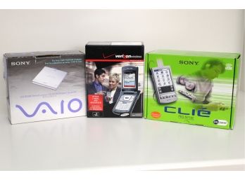 SONY CD-ROM Drive, Verizon Wireless Flip Phone, CLIE Personal Entertainment Organizer