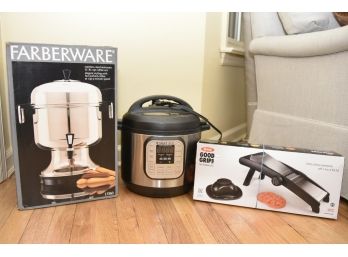 Appliance Lot Including Farberware 36 Cup Coffee Maker, Instapot Rice Maker And Mandolin