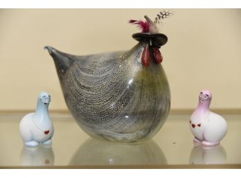 Silver Headed Blown Glass Rooster With Petite Figurines