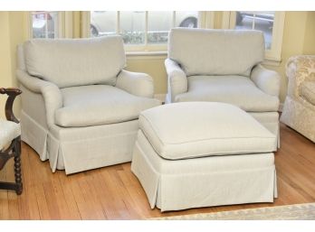Matching Pair Of Robert Allen Covered Oversized Swivel Club Chairs With Ottoman And Extra Fabric