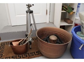 Tripod Lawn Sprinkler Including Garden Stakes & Copper Containers
