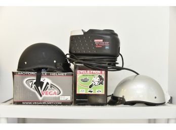 Motorcycle Helmets, Battery And Air Compressor
