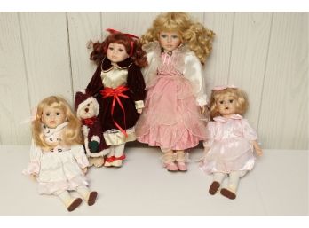 Group Of 4 Porcelain Dolls Including Teddy Bear