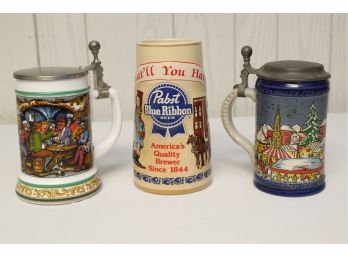 Hand Painted Beer Steins Including Blue Ribbon