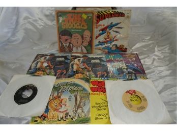Box Of Records Including Superman, Woody Woodpecker, Yankee Stadium And Wizard Of Oz