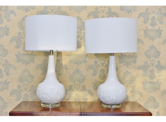 Pair Of Ceramic White Chrysanthemum Pattern Lamps 28.5' Tall