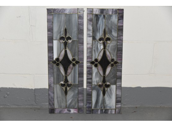 Matching Pair Of Leaded Stained Glass Panels 8 X 24