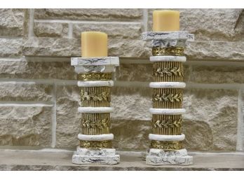 Pair Of Decorative Faux Stone Gold Leaf Candle Stands