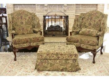 Pair Of C.R. Laine Upholstered Wingback Armchairs With Ottoman