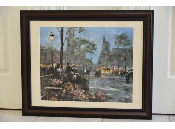 Parisian Street Scene 'The Flower Seller' Signed Eschiza Framed Print 32 X 26