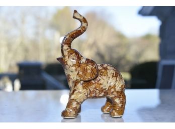 Trunk Upward Good Fortune Mottled Finish Ceramic Elephant Figurine