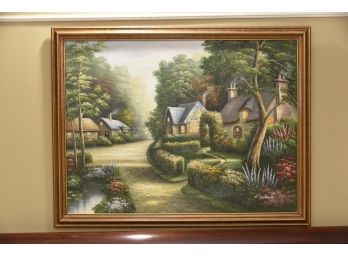 English Country Cottage Scene Large Oil On Canvas Signed C. Jaffey Framed 53.5 X 41